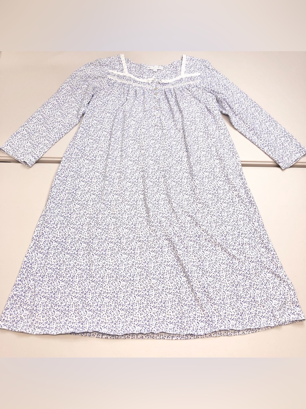 Eileen West Nightgown Womens M White Blue Print Cotton Lace Cottage Core
